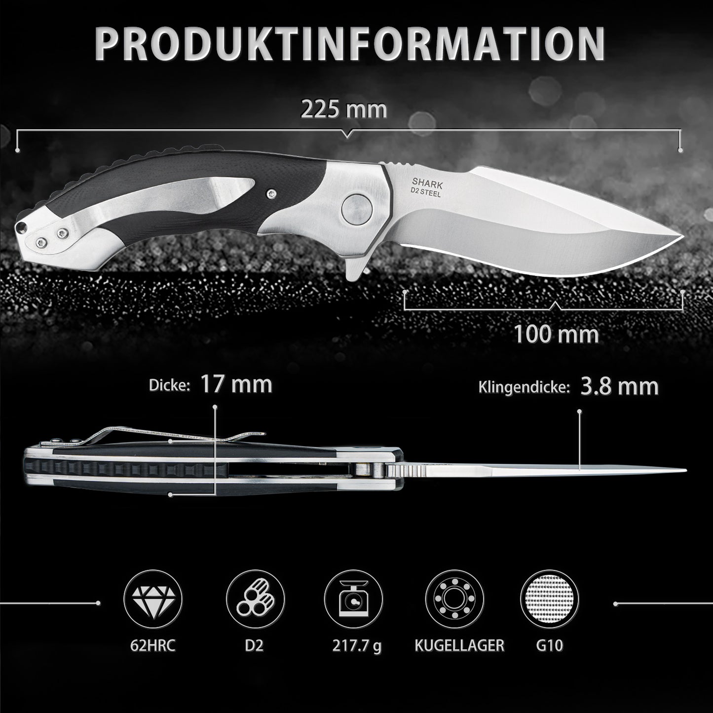 NedFoss SHARK Folding Knife, D2 Steel Pocket Knife, One-Handed Knife with Brass Bearings, Outdoor Pocket Knife with Belt Clip, Liner Lock, Extra Sharp