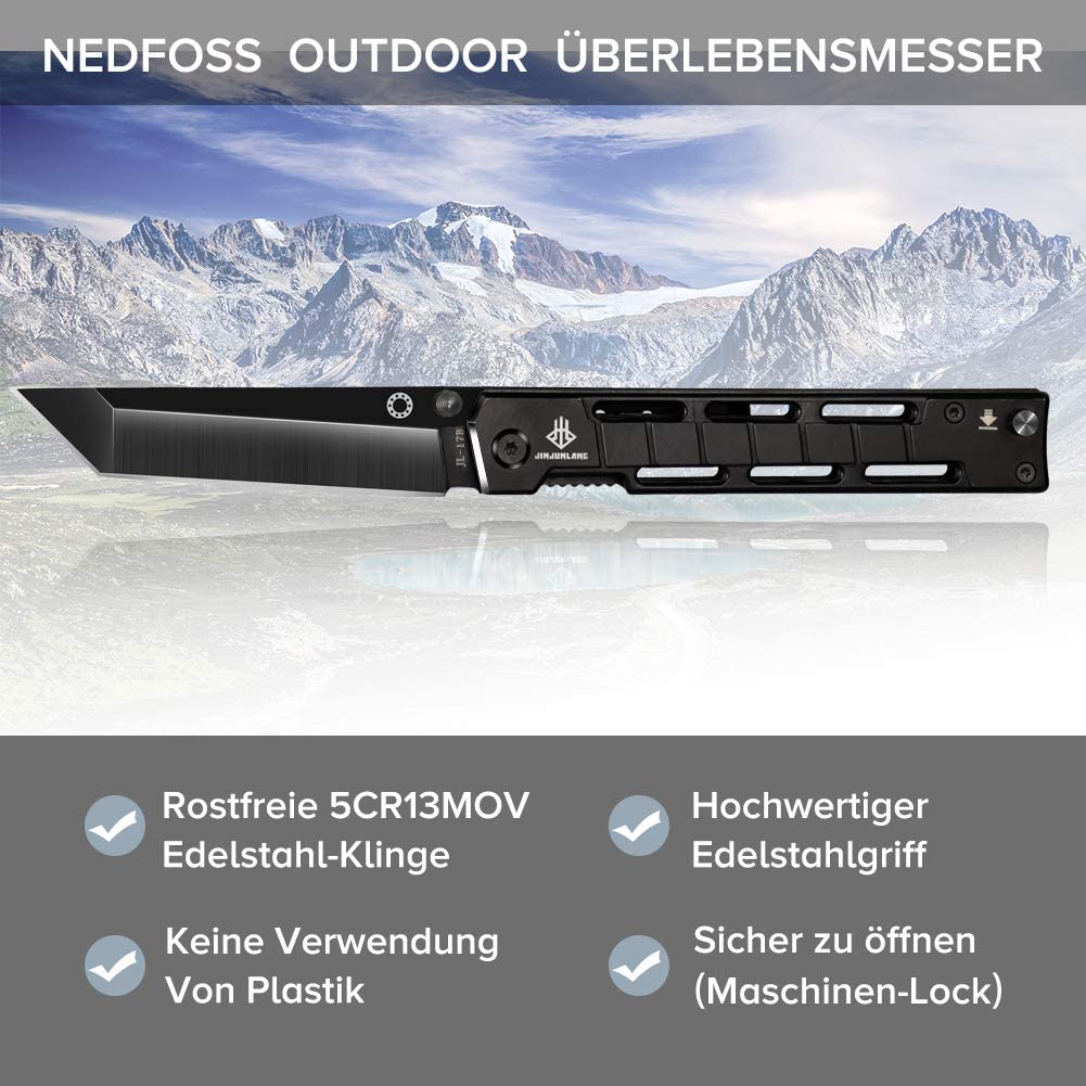 NedFoss DG-BK Tanto Folding Knife One-Handed Knife with Flipper Outdoor Knife EDC Knife Folder, 8.5 cm Blade Length (Black)