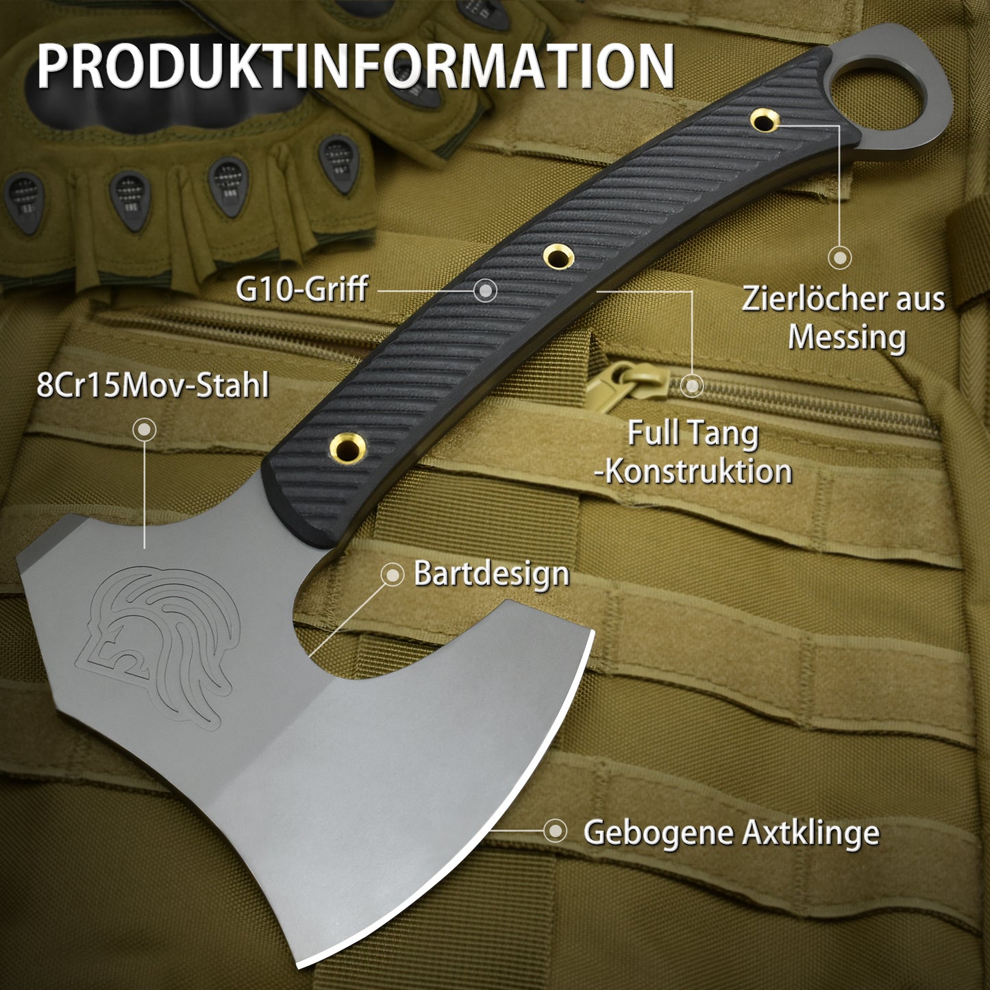 NedFoss VIKINGS Tomahawk, hache tactique Full Tang de 31,5 cm, hache viking aiguisée avec manche G10, hache tomahawk, hache de combat, hache tactique, hache de camping, hache de survie, hache de guerre, hache de barbe, hache viking avec étui