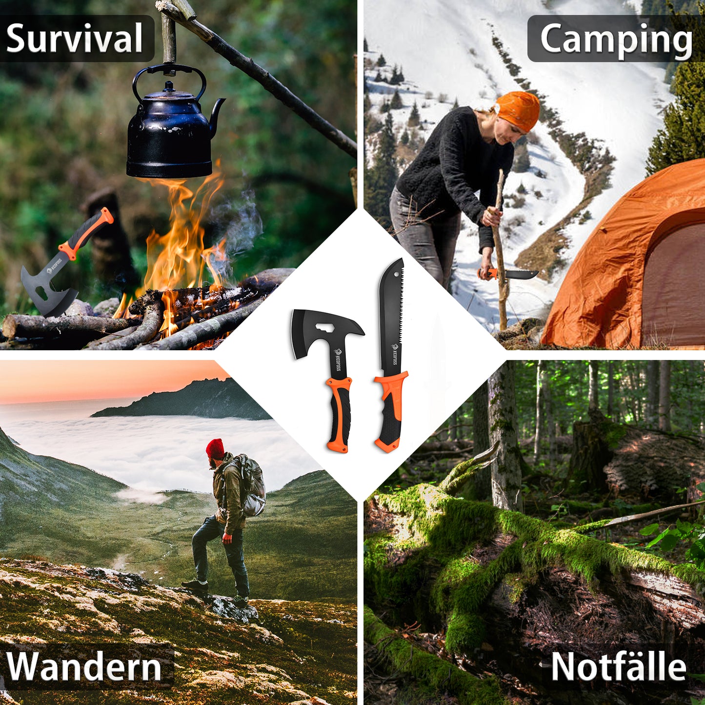NedFoss JUNGLE AXES SET Lot de 2 couteaux de survie d'extérieur, ensemble de couteaux de camping comprenant une hache de camping et un couteau d'extérieur