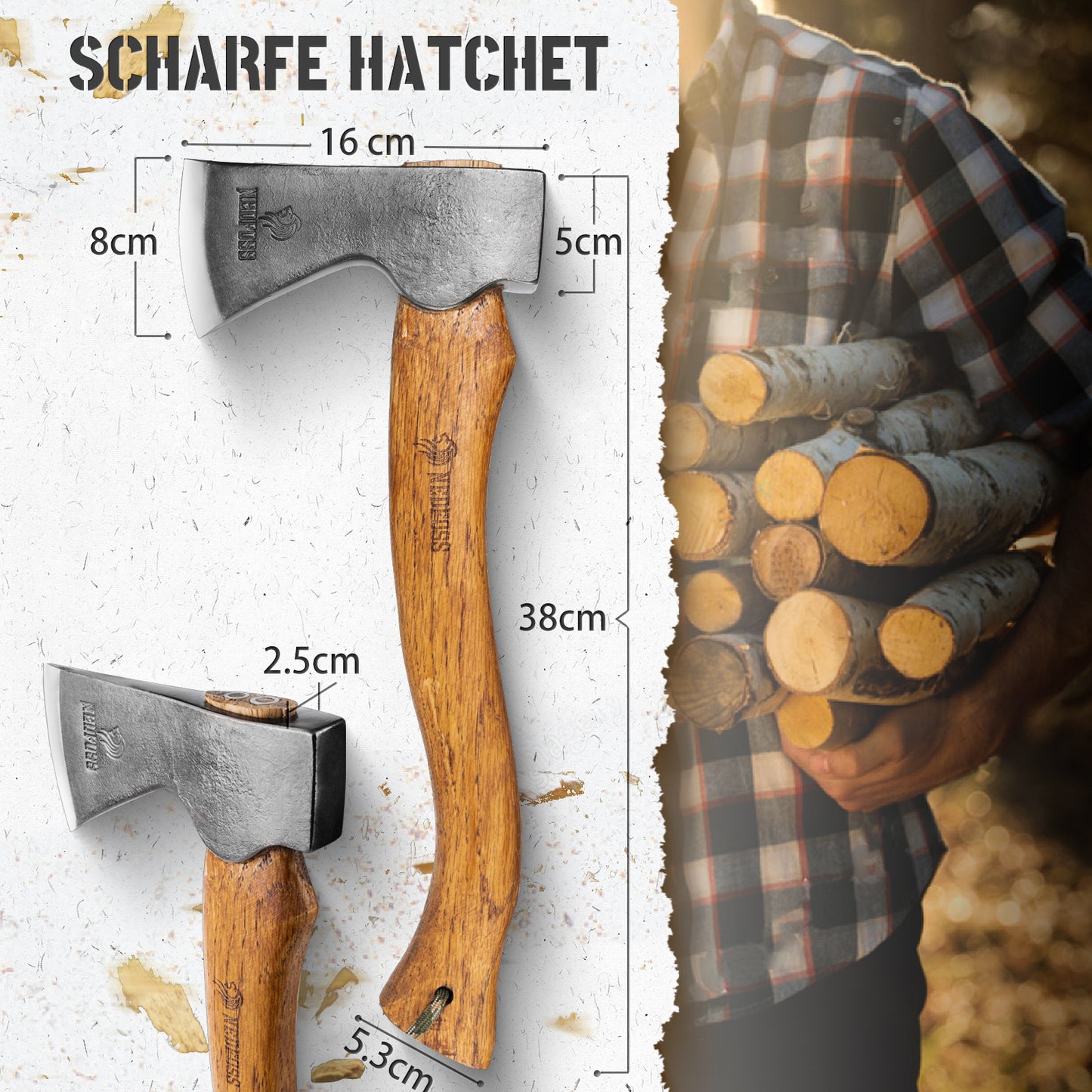 Nedfoss RF38 Axe, 38cm Camping Axe, Viking Axe, Hatchet with Wooden Handle, Outdoor Axe with Sheath, Bushcraft Axe, Splitting Axe, Sharp Camping Axe, Universal Axe, High-Quality Camping Hatchet for Garden & Outdoor