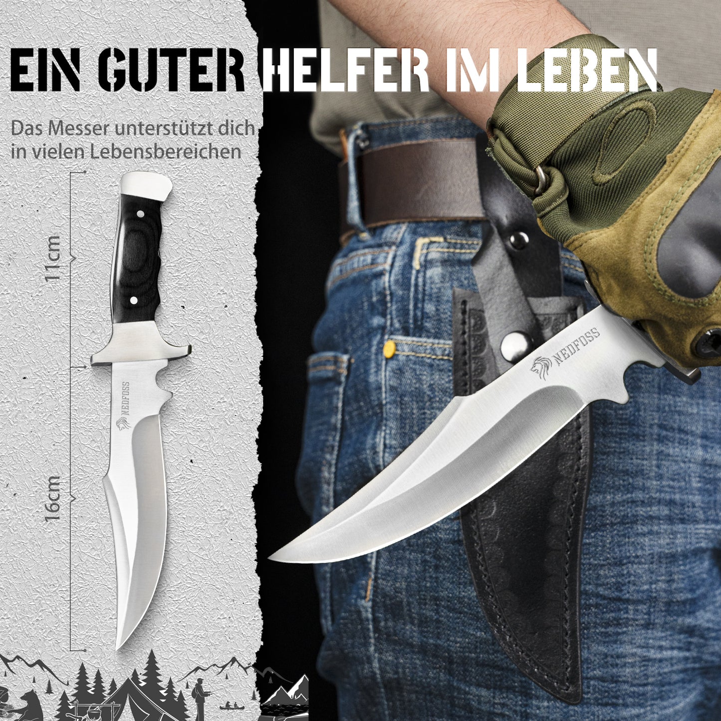 NedFoss TIGER Couteau d'extérieur, Couteau de chasse 16 cm, Couteau de camping avec étui, Couteau Bushcraft