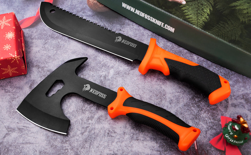 NedFoss JUNGLE AXES SET Lot de 2 couteaux de survie d'extérieur, ensemble de couteaux de camping comprenant une hache de camping et un couteau d'extérieur