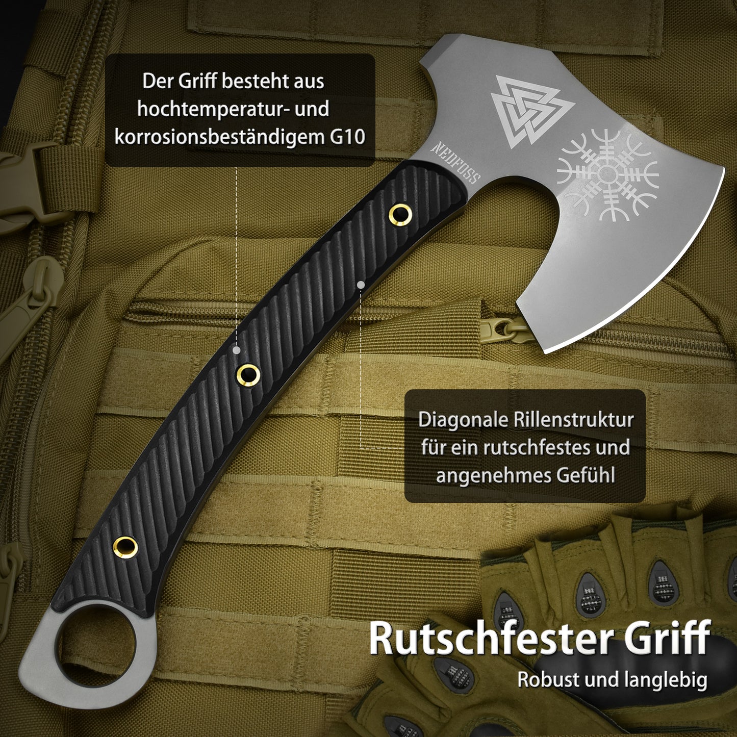NedFoss VIKINGS Tomahawk, hache tactique Full Tang de 31,5 cm, hache viking aiguisée avec manche G10, hache tomahawk, hache de combat, hache tactique, hache de camping, hache de survie, hache de guerre, hache de barbe, hache viking avec étui