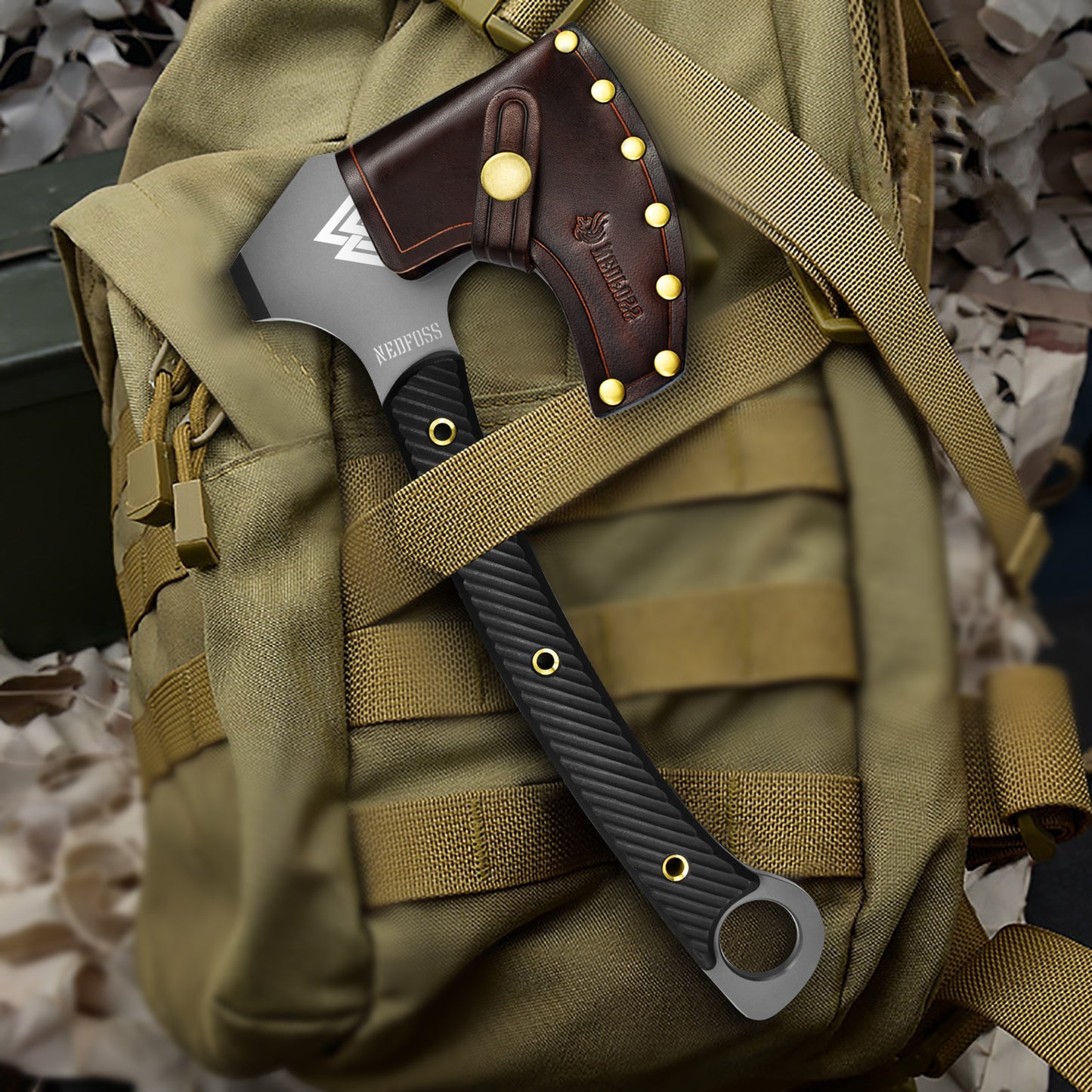 NedFoss VIKINGS Tomahawk, hache tactique Full Tang de 31,5 cm, hache viking aiguisée avec manche G10, hache tomahawk, hache de combat, hache tactique, hache de camping, hache de survie, hache de guerre, hache de barbe, hache viking avec étui