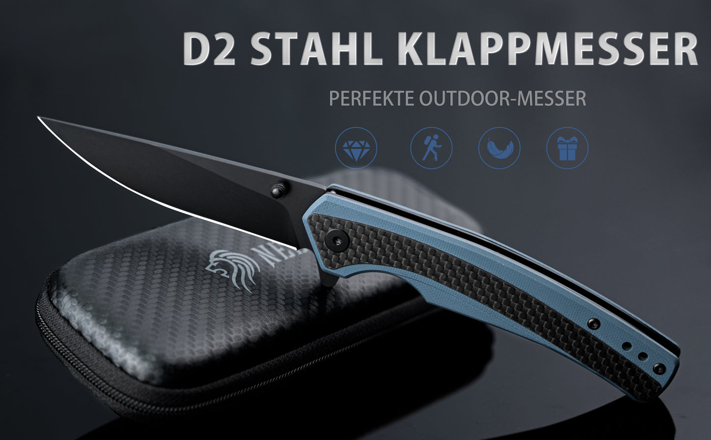 Nedfoss DOLPHIN Folding Knife, 9cm D2 Steel Pocket Knife, Sharp Folding Knife with Carbon Fiber Handle, One-Handed Knife with Belt Clip