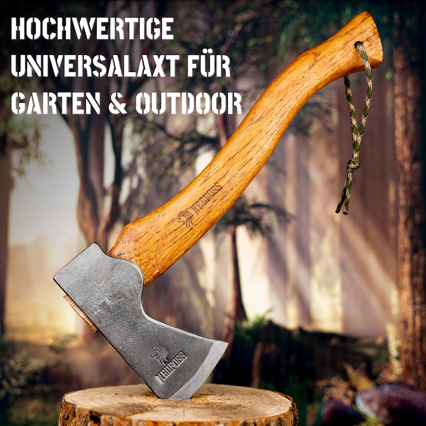 Nedfoss RF38 Axe, 38cm Camping Axe, Viking Axe, Hatchet with Wooden Handle, Outdoor Axe with Sheath, Bushcraft Axe, Splitting Axe, Sharp Camping Axe, Universal Axe, High-Quality Camping Hatchet for Garden & Outdoor