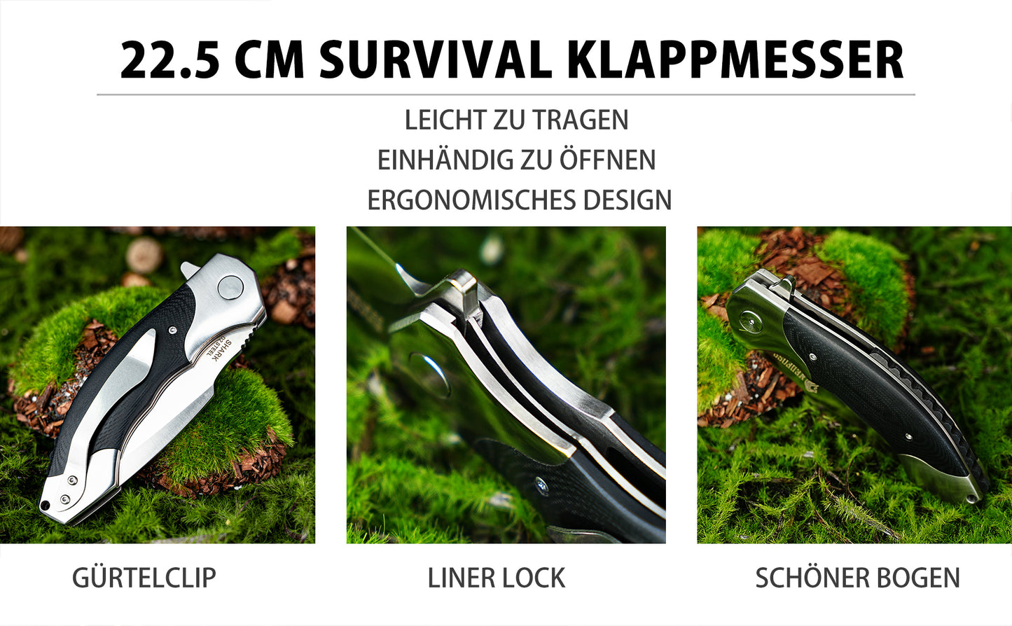 NedFoss SHARK Folding Knife, D2 Steel Pocket Knife, One-Handed Knife with Brass Bearings, Outdoor Pocket Knife with Belt Clip, Liner Lock, Extra Sharp
