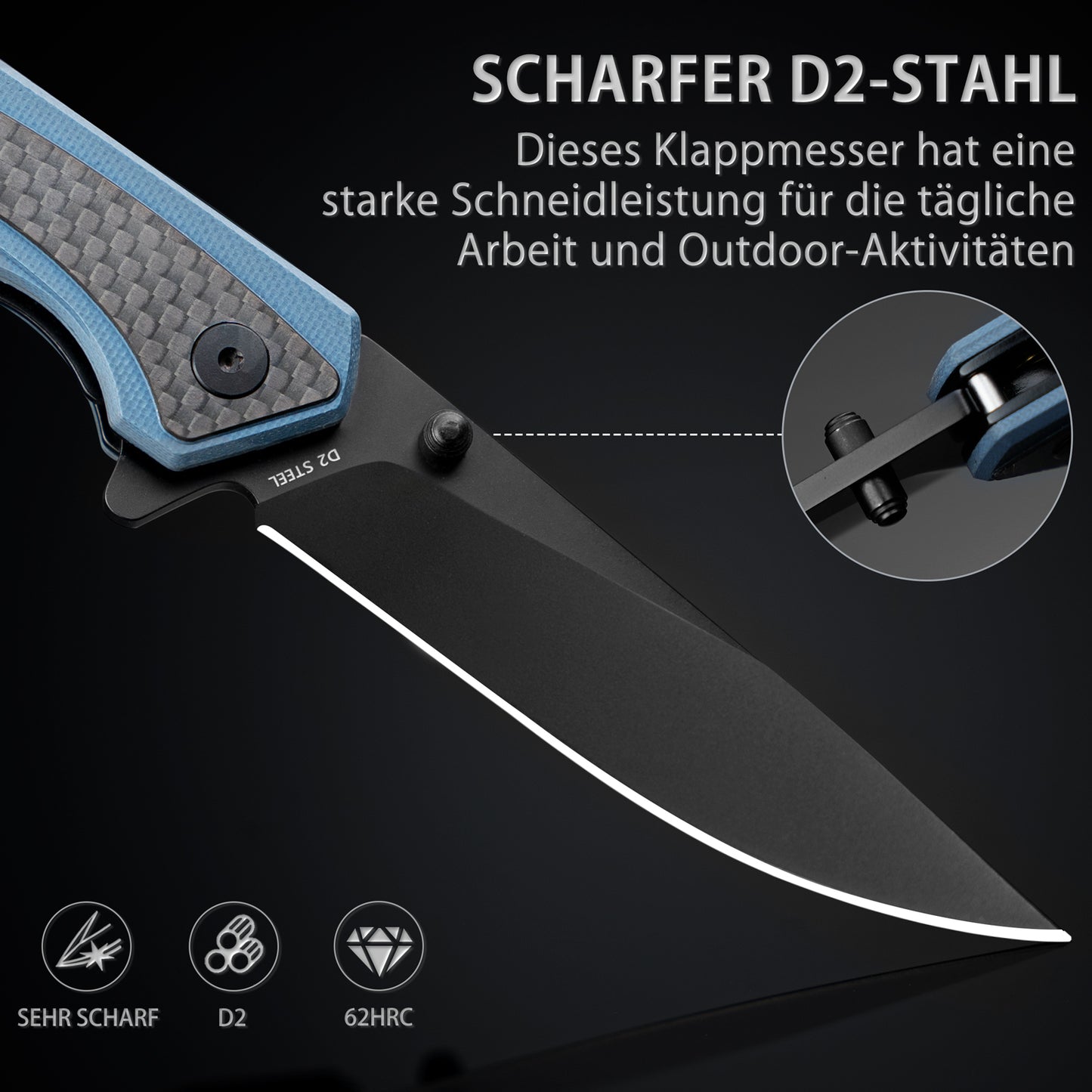 Nedfoss DOLPHIN Folding Knife, 9cm D2 Steel Pocket Knife, Sharp Folding Knife with Carbon Fiber Handle, One-Handed Knife with Belt Clip