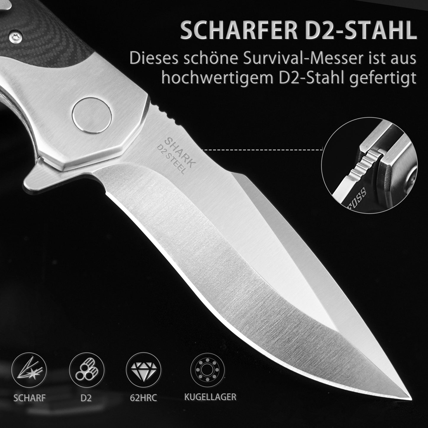 NedFoss SHARK Folding Knife, D2 Steel Pocket Knife, One-Handed Knife with Brass Bearings, Outdoor Pocket Knife with Belt Clip, Liner Lock, Extra Sharp