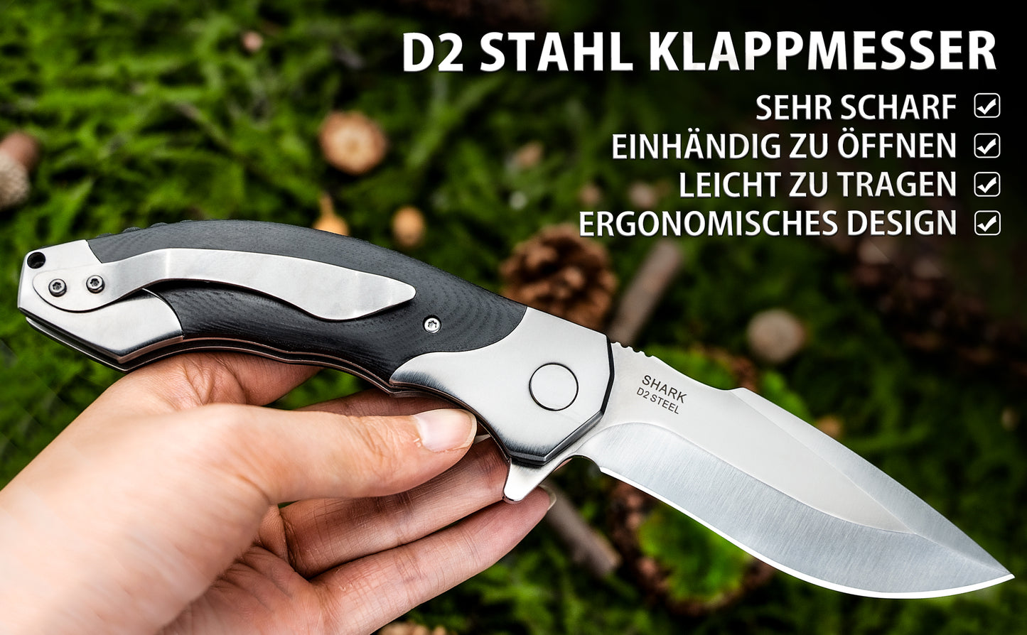 NedFoss SHARK Folding Knife, D2 Steel Pocket Knife, One-Handed Knife with Brass Bearings, Outdoor Pocket Knife with Belt Clip, Liner Lock, Extra Sharp