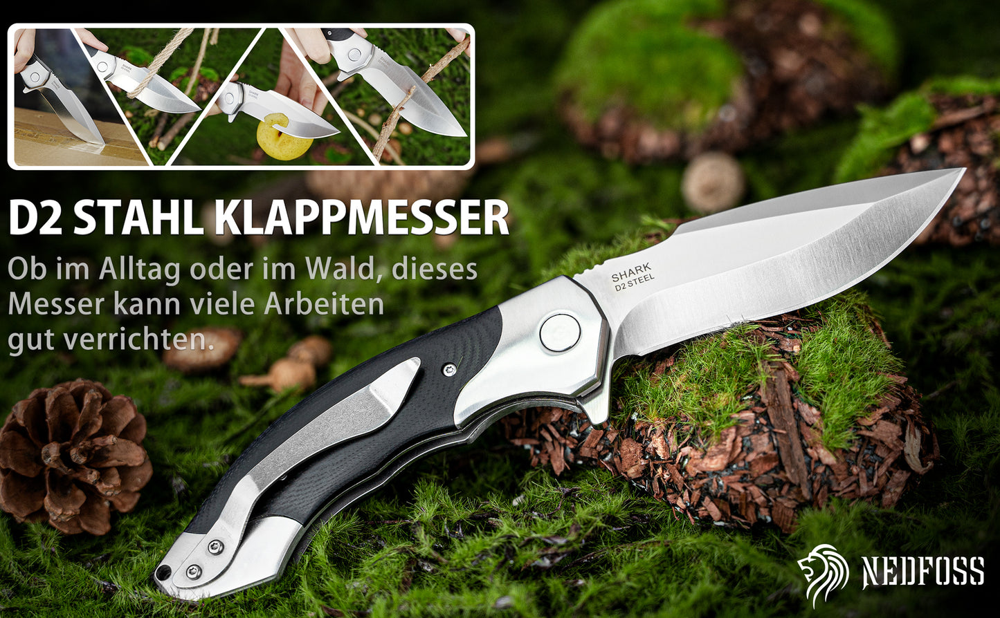 NedFoss SHARK Folding Knife, D2 Steel Pocket Knife, One-Handed Knife with Brass Bearings, Outdoor Pocket Knife with Belt Clip, Liner Lock, Extra Sharp