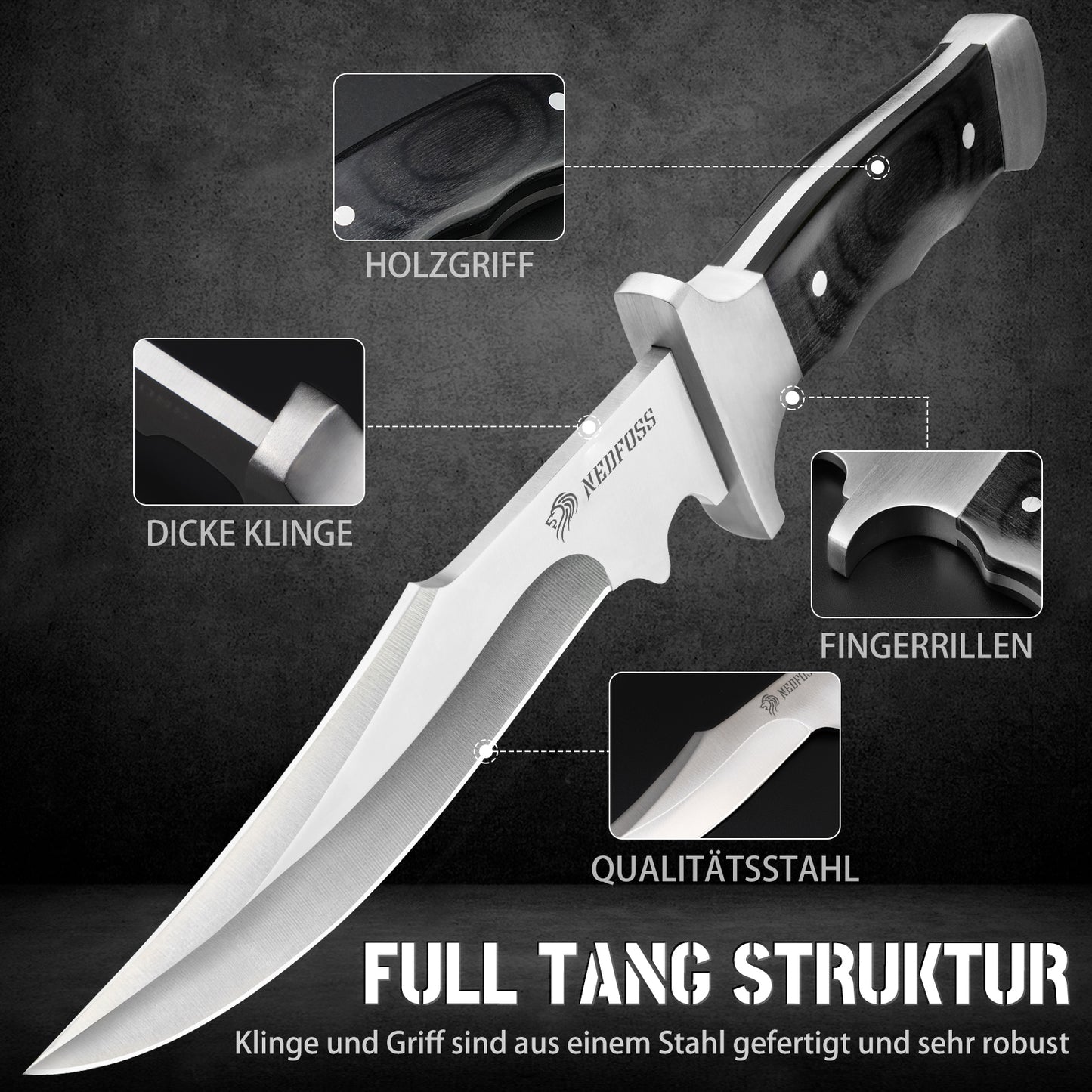 NedFoss TIGER Couteau d'extérieur, Couteau de chasse 16 cm, Couteau de camping avec étui, Couteau Bushcraft
