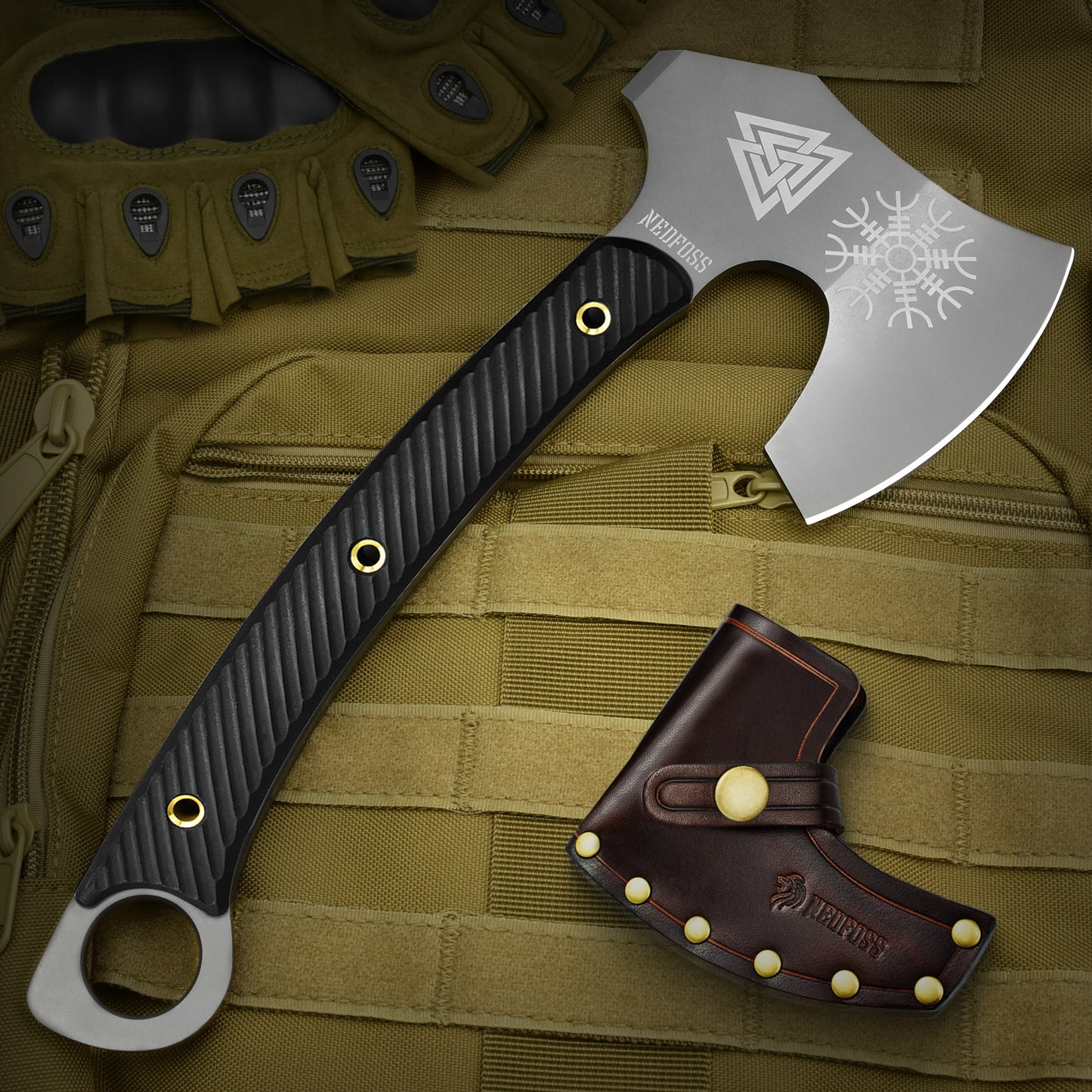 NedFoss VIKINGS Tomahawk, hache tactique Full Tang de 31,5 cm, hache viking aiguisée avec manche G10, hache tomahawk, hache de combat, hache tactique, hache de camping, hache de survie, hache de guerre, hache de barbe, hache viking avec étui