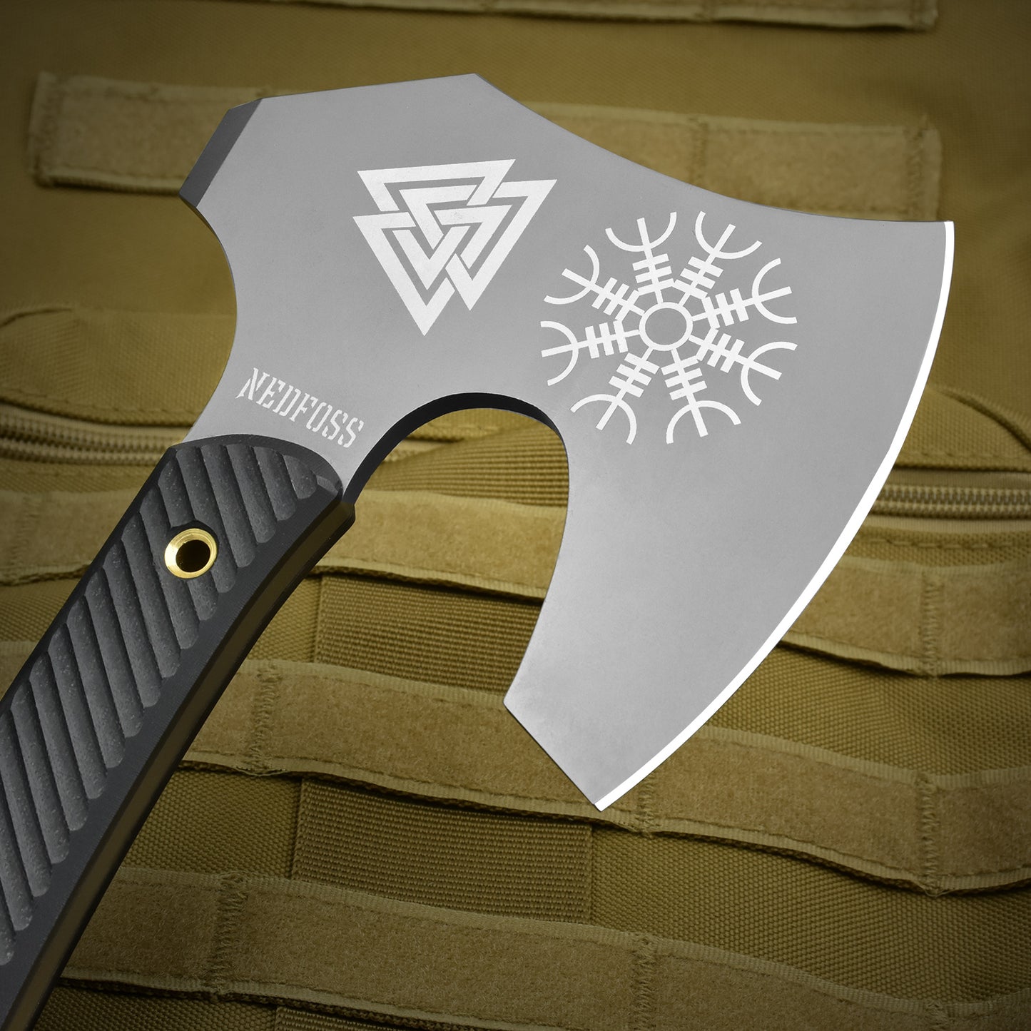 NedFoss VIKINGS Tomahawk, hache tactique Full Tang de 31,5 cm, hache viking aiguisée avec manche G10, hache tomahawk, hache de combat, hache tactique, hache de camping, hache de survie, hache de guerre, hache de barbe, hache viking avec étui