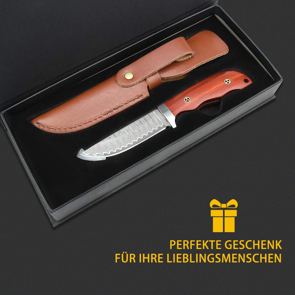 Nedfoss HUNTING KNIFE Damascus Hunting Knife, Handmade Damascus Hunting Knife with Beautiful Pattern, Belt Knife with Sheath, Sharp Outdoor Knives for Hunting, Camping and Collecting