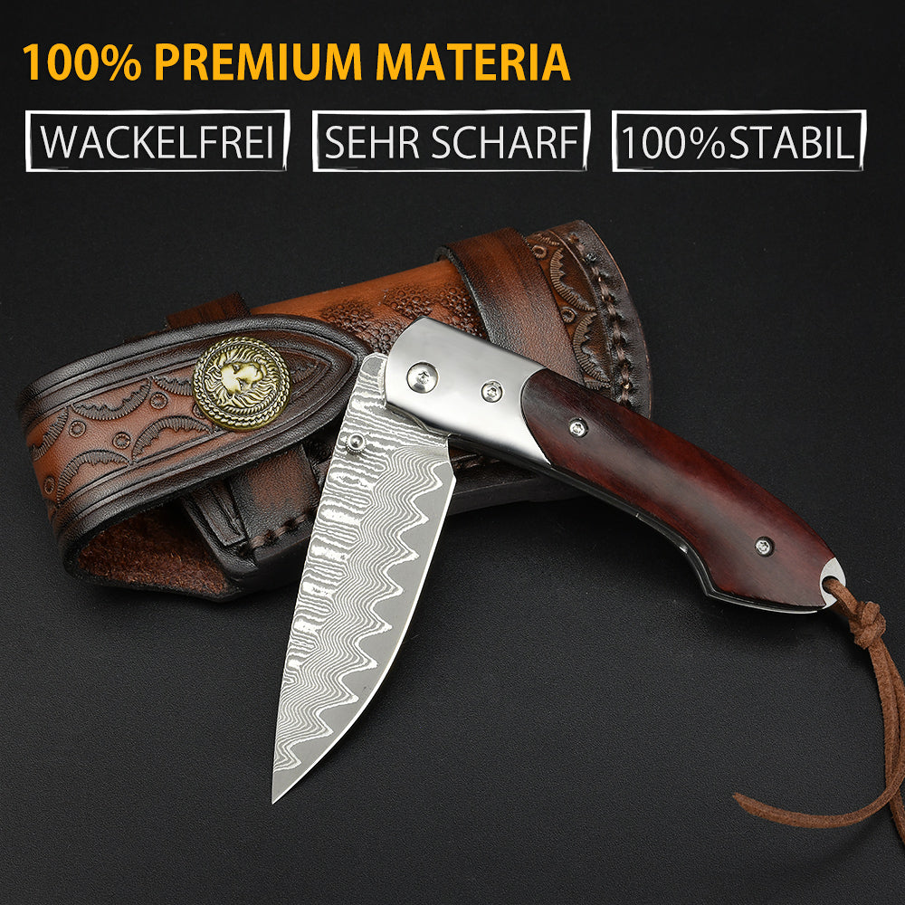 NedFoss SWORDFISH Couteau de poche en damas, Couteau pliant en damas avec étui en cuir exquis