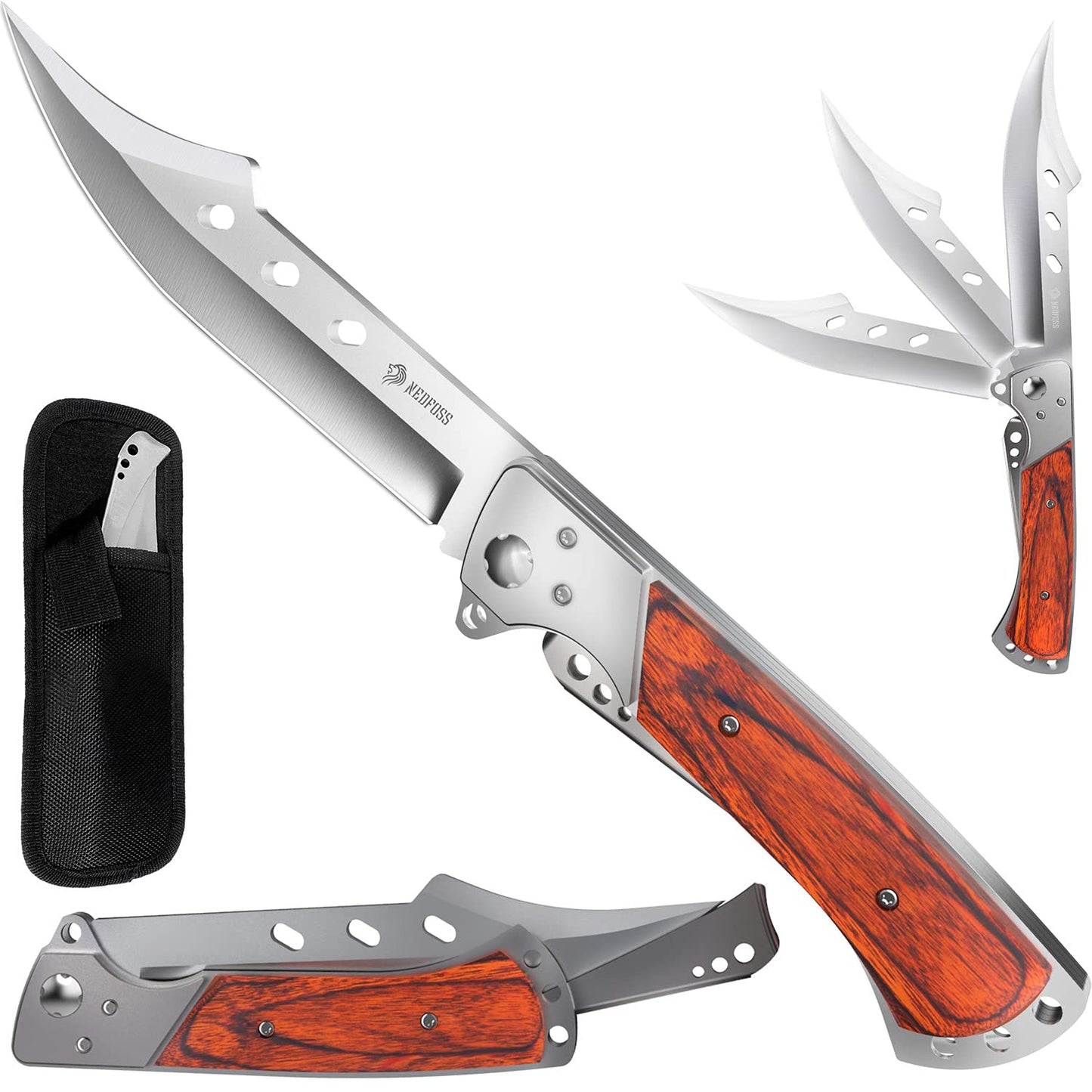 NedFoss FA50 Folding Knife, Two-Handed Knife, Folding Hunting Knife with Rosewood Handle, Large Outdoor Knife for Camping & Hiking, Survival Knife, Hunting Knife with Belt Pouch