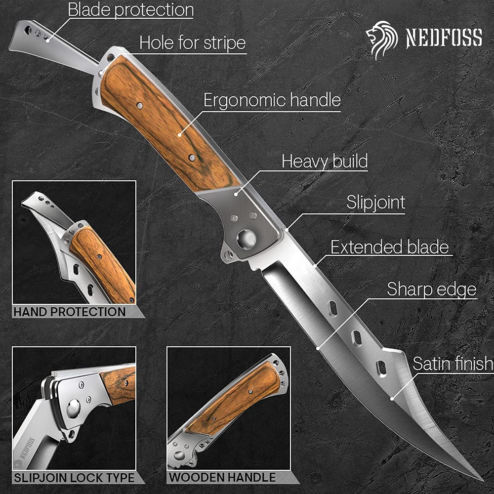 NedFoss FA50 Folding Knife, Two-Handed Knife, Folding Hunting Knife with Rosewood Handle, Large Outdoor Knife for Camping & Hiking, Survival Knife, Hunting Knife with Belt Pouch