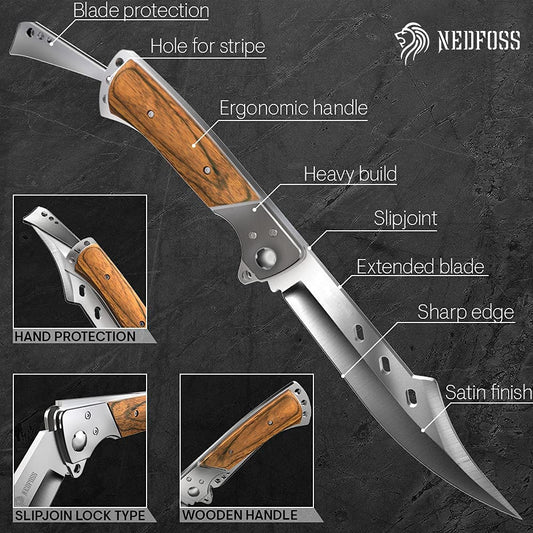 NedFoss FA50 Folding Knife, Two-Handed Knife, Folding Hunting Knife with Rosewood Handle, Large Outdoor Knife for Camping & Hiking, Survival Knife, Hunting Knife with Belt Pouch