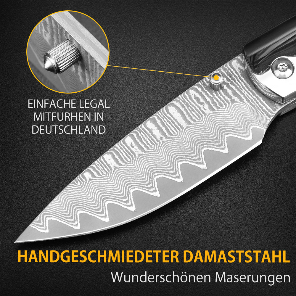 NedFoss SWORDFISH Couteau de poche en damas, Couteau pliant en damas avec étui en cuir exquis