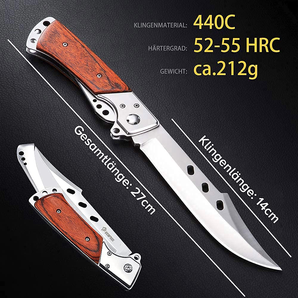 NedFoss FA50 Folding Knife, Two-Handed Knife, Folding Hunting Knife with Rosewood Handle, Large Outdoor Knife for Camping & Hiking, Survival Knife, Hunting Knife with Belt Pouch