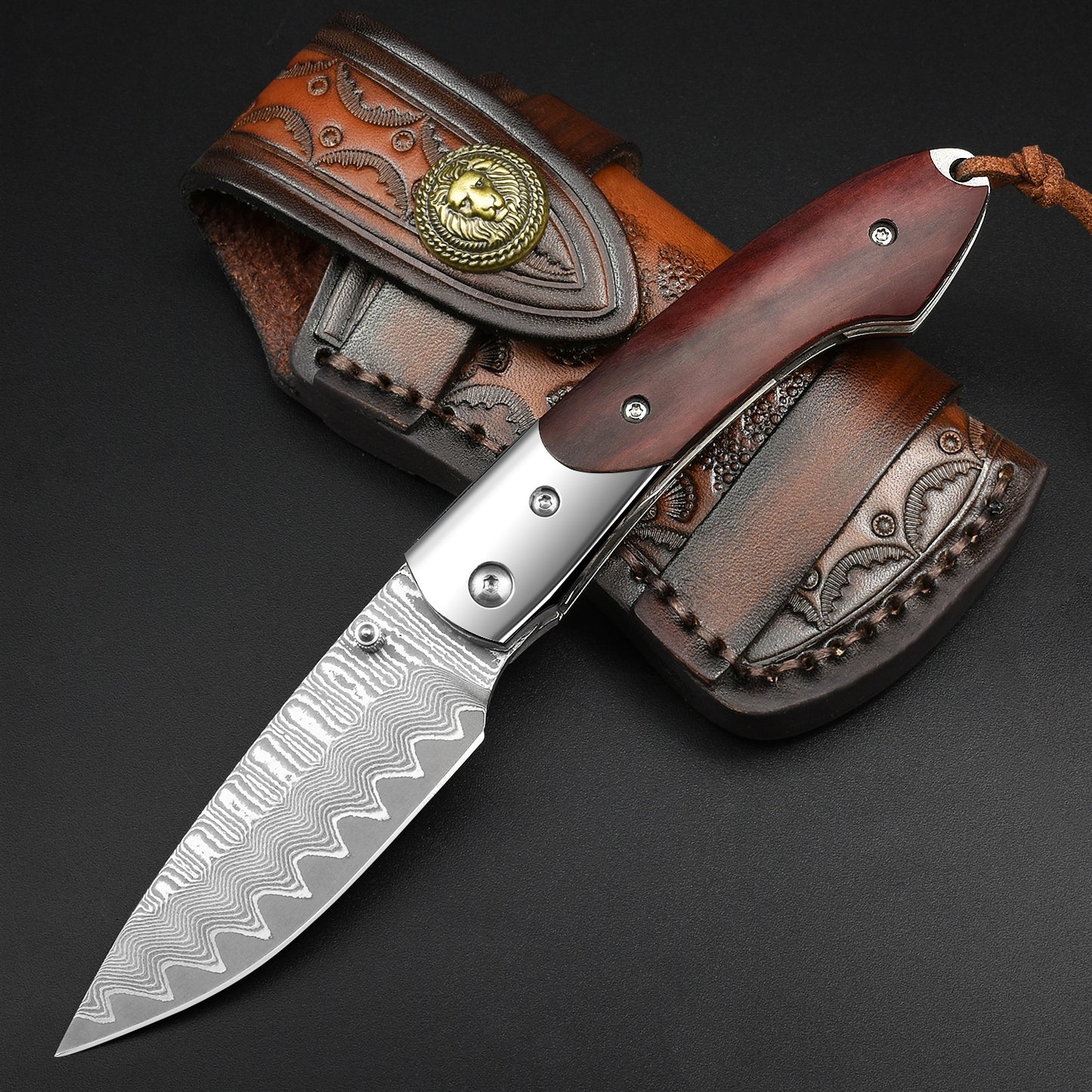 NedFoss SWORDFISH Couteau de poche en damas, Couteau pliant en damas avec étui en cuir exquis
