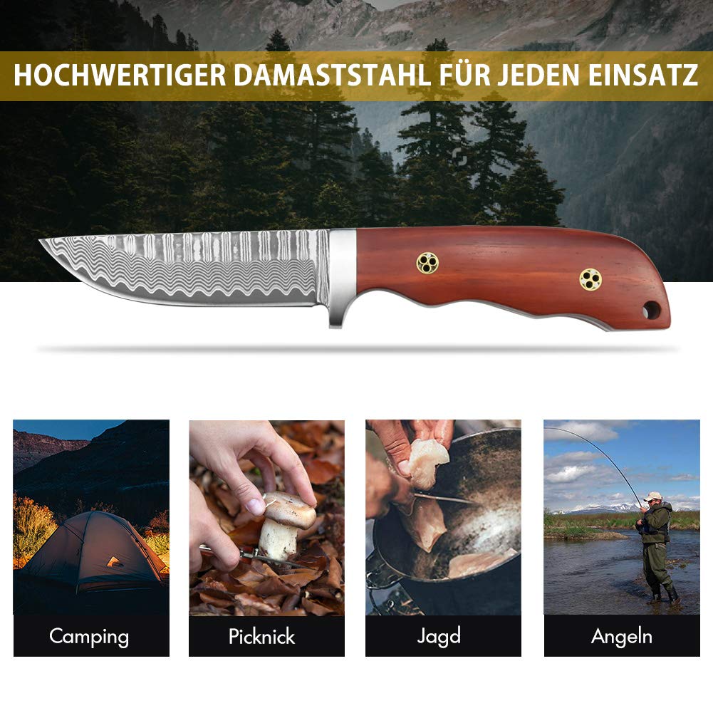 Nedfoss HUNTING KNIFE Damascus Hunting Knife, Handmade Damascus Hunting Knife with Beautiful Pattern, Belt Knife with Sheath, Sharp Outdoor Knives for Hunting, Camping and Collecting