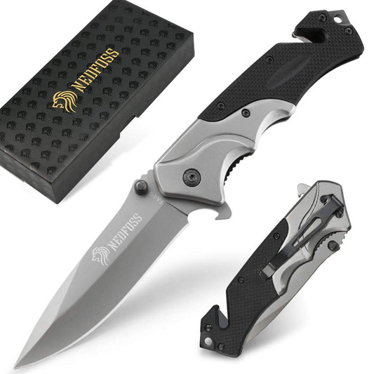 NedFoss FA49 Klappmesser, 3-in-1 Outdoor Taschenmesser, Survival Einhandmesser, Scharfes Rettungsmesser mit Glasbrecher und Gurtschneider