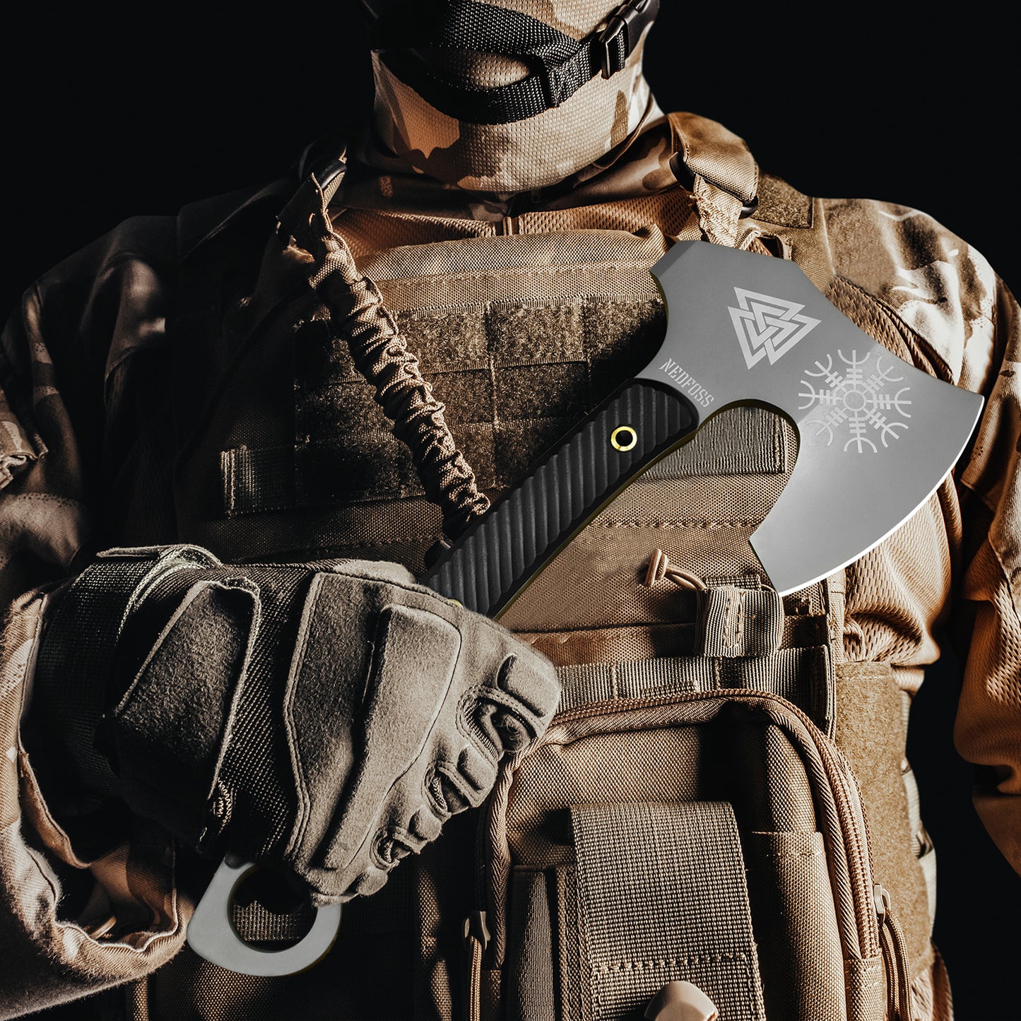 NedFoss VIKINGS Tomahawk, hache tactique Full Tang de 31,5 cm, hache viking aiguisée avec manche G10, hache tomahawk, hache de combat, hache tactique, hache de camping, hache de survie, hache de guerre, hache de barbe, hache viking avec étui