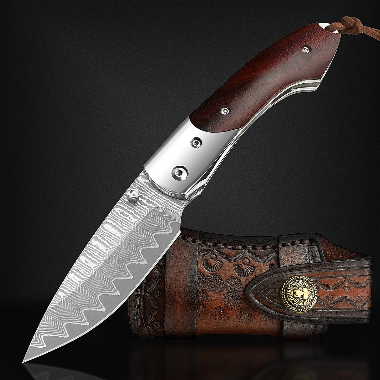 NedFoss SWORDFISH Couteau de poche en damas, Couteau pliant en damas avec étui en cuir exquis