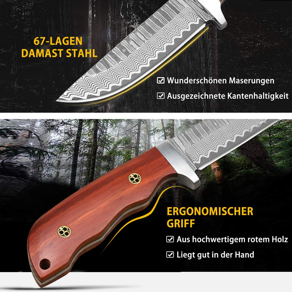 Nedfoss HUNTING KNIFE Damascus Hunting Knife, Handmade Damascus Hunting Knife with Beautiful Pattern, Belt Knife with Sheath, Sharp Outdoor Knives for Hunting, Camping and Collecting