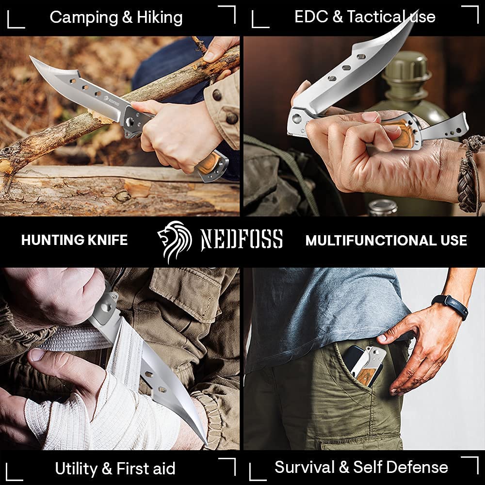 NedFoss FA50 Folding Knife, Two-Handed Knife, Folding Hunting Knife with Rosewood Handle, Large Outdoor Knife for Camping & Hiking, Survival Knife, Hunting Knife with Belt Pouch
