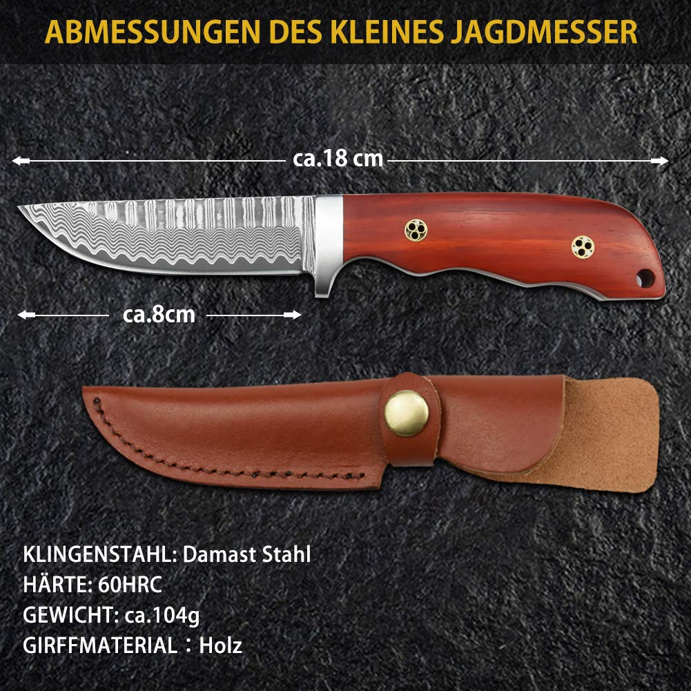Nedfoss HUNTING KNIFE Damascus Hunting Knife, Handmade Damascus Hunting Knife with Beautiful Pattern, Belt Knife with Sheath, Sharp Outdoor Knives for Hunting, Camping and Collecting