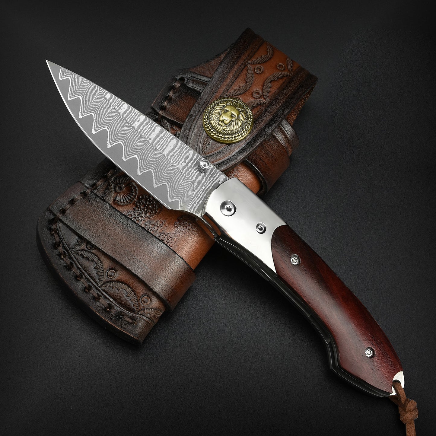 NedFoss SWORDFISH Couteau de poche en damas, Couteau pliant en damas avec étui en cuir exquis